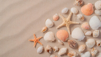 Fototapeta na wymiar Top view of a sandy beach with collection of seashells and starfish as natural textured background for aesthetic summer design