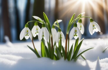 Snowdrop flowers in snow, selective focus, blur, sunlight. March holiday greeting card.