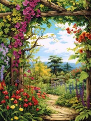 Grape Arbor Art Wall Art: Countrified Vintage Landscape with Grapevines and Wildflowers