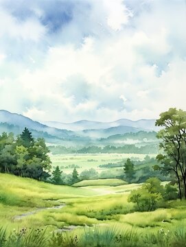 Countryside Landscape Watercolors: Green Meadows Vintage Art Print