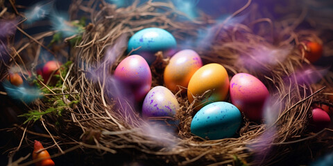 Fototapeta na wymiar colorful Easter eggs in grass on a sunny spring day, a nest with colorful easter eggs.