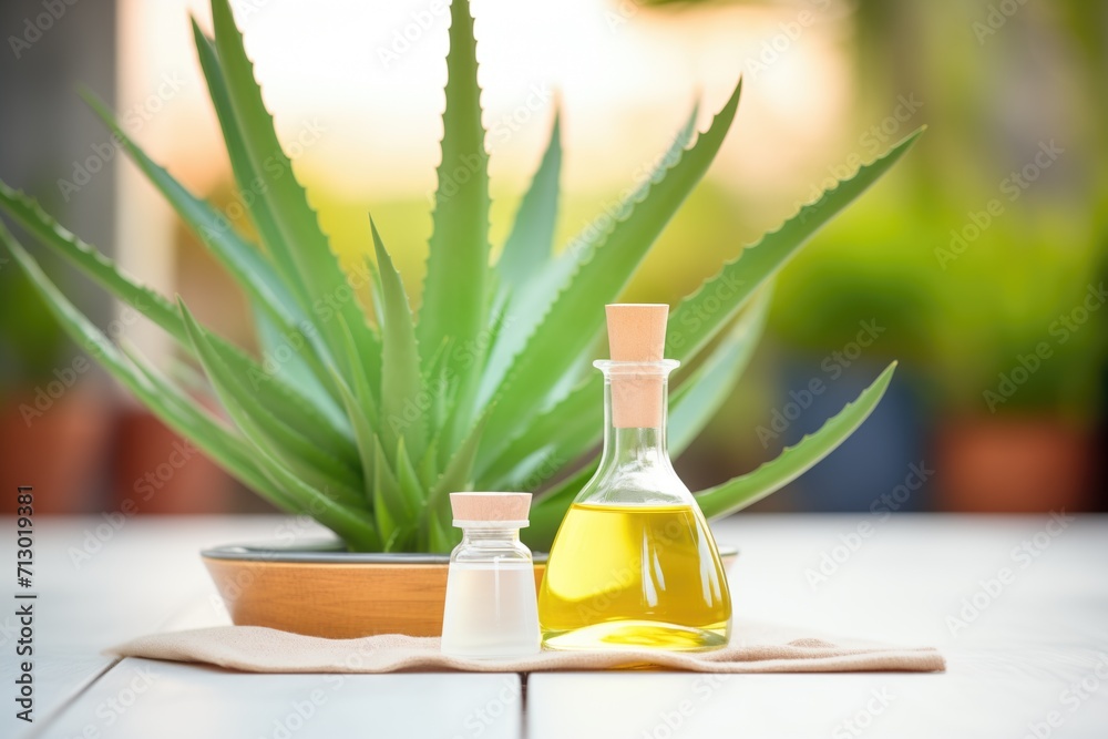 Poster aloe vera essential oil beside fresh plant