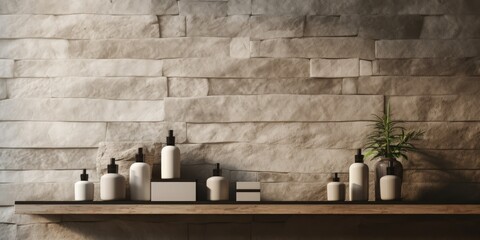 Obraz na płótnie Canvas Product display on empty wooden shelf against stone wall.