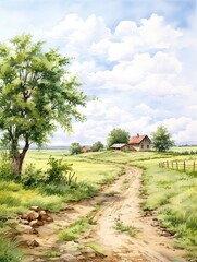 Fototapeta na wymiar Countryside Watercolor Farm Scenes: Vintage Landscape Art Print