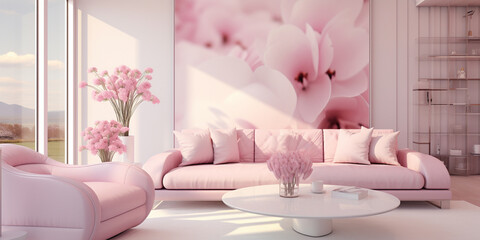 Fototapeta na wymiar Pink flowers and beautiful butterfly, The pink sofa set with pink flowers.