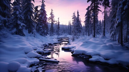 Winter's Elegance: Breathtaking View of Snow-Covered Trees under a Purple Sky