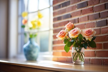 warm, natural light on brick wall with blooming roses at cape cod home
