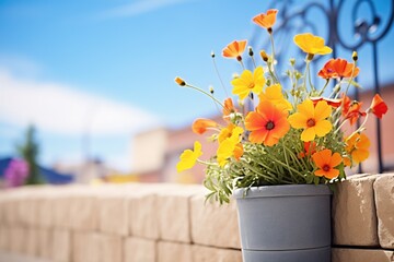 bright flowers against pueblo walls