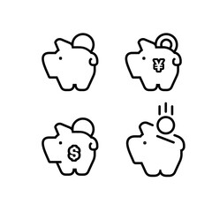 Piggy bank icons set, with coin symbol, made in simple line style.