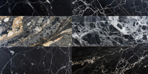 Various black marble textures, including Portoro and travertino, are used for wallpaper, countertops, floor and wall tiles, and as a natural granite stone.
