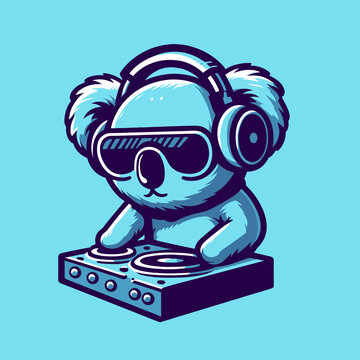 Kawaii koala with headphones and dj mixer, cute and funny koala bear vector illustration icon, generative ai
