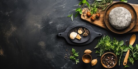 Rustic kitchen setting with stone molcajetes and cutting board on wooden table, viewed from above.
