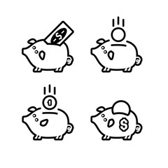 Piggy bank icons set, with coin symbol, made in simple line style. - 713020576