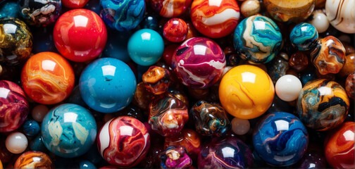 close up of colorful marbles beads, top view, surface pattern