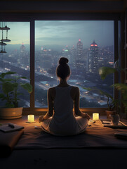 the girl meditates in the apartment, created with Generative AI technology