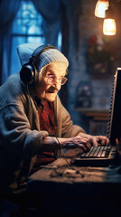 Obraz premium Elderly professional gamer playing online games computer