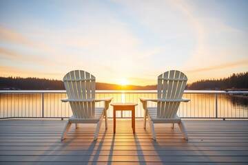 sunrise with silhouettes of a cabin and dock chairs - obrazy, fototapety, plakaty