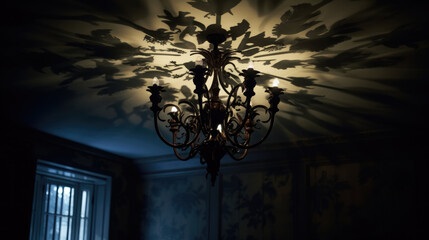 The light from the chandelier creates beautiful shadows on the ceiling