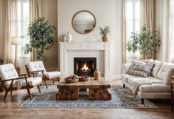 boho cozy living room with a fireplace, white sofas and wooden coffee table