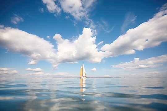 a sailboat on the horizon under puffy white clouds