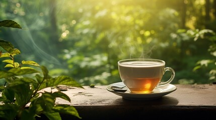 A perfectly brewed cup of tea on a saucer, surrounded by lush greenery and a dreamy