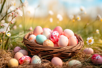 Fototapeta na wymiar Easter eggs painted in light pastel colors in a wicker basket on a sunny meadow with flowers