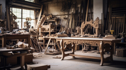 The process of making wooden furniture in a workshop - obrazy, fototapety, plakaty