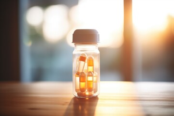 pill bottle with clear gel capsules, backlight creating a soft glow - obrazy, fototapety, plakaty