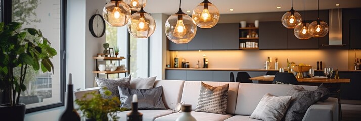 Pendant lights hanging on ceiling in modern kitchen and cushions arranged on sofa in living room - Powered by Adobe