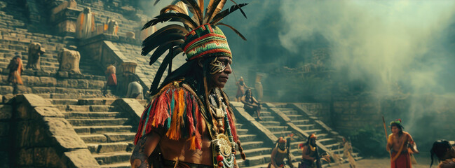 Aztec priest in ritual suit near Aztec Tower Temple - obrazy, fototapety, plakaty