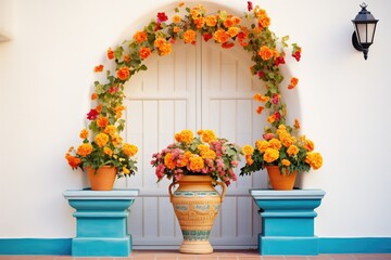 Fototapeta na wymiar classic spanish archway with terracotta pot floral arrangement