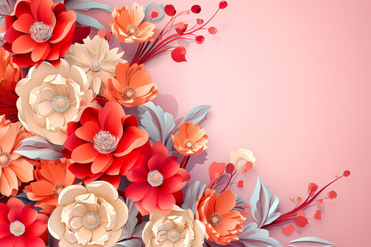 Floral background with red and orange flowers and leaves.