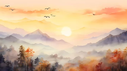 Foto op Canvas watercolor painting of misty mountains with gentle slopes and flocks of birds in the sunrise sky. generative ai © KBL Sungkid