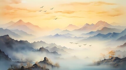 watercolor painting of misty mountains with gentle slopes and flocks of birds in the sunrise sky. generative ai