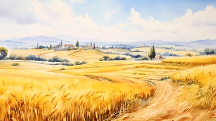 watercolor painting Farming on a hill with yellow wheat fields. generative ai - obrazy, fototapety, plakaty