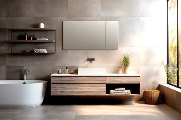 Fototapeta na wymiar Modern bathroom interior in light natural beige tones with big Window. Scandinavian.
