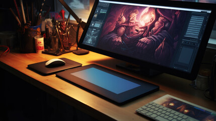 Graphic designer's desk. Computer and graphics tablet.