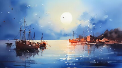 watercolor painting Night view with fishing boats under the moon. generative ai - obrazy, fototapety, plakaty