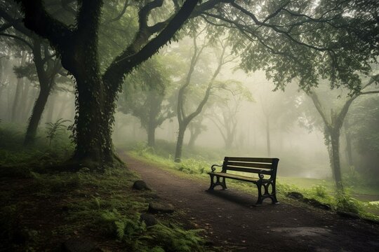 A bench surrounded by mist in a tranquil park. Generative AI