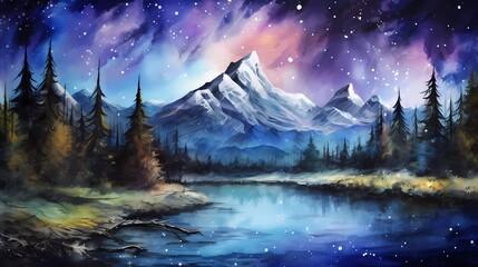 watercolor painting Beautiful landscape with snowy mountains under the night sky.. generative ai