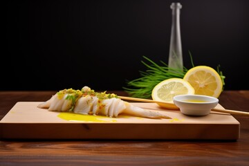 cod and sliced lemon on a bamboo board