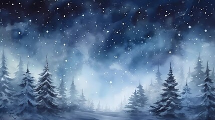 watercolor painting Dark winter forest background at night. Snow, fog, moonlight. generative ai