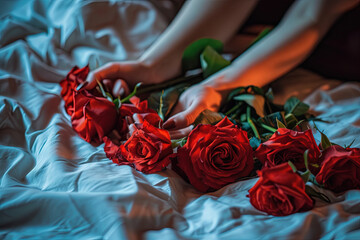 Fototapeta na wymiar Romantic scene with woman hands holding roses