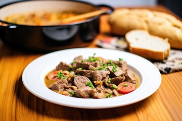 Fototapeta premium side view of beef stroganoff in a shallow dish, bread slices on the side