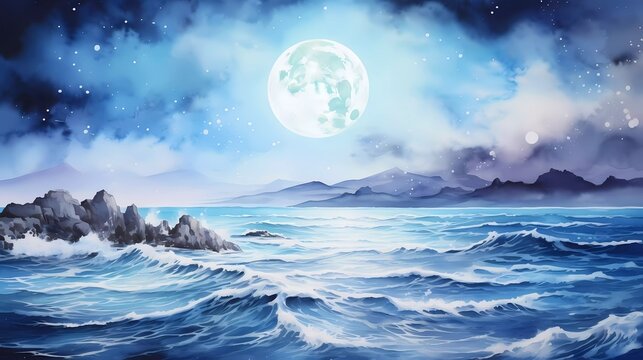 watercolor painting Sea with mountains and full moon at night. generative ai