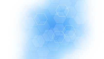 Layered white and transparent hexagons on white and light blue background. Technology, connection and data concept. High resolution full frame abstract and modern background with copy space.