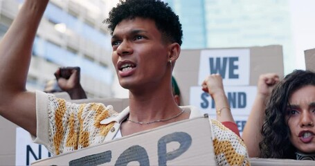 Protest, people and group with posters, screaming and equal rights with justice, Palestine and support. Students, men and women with cardboard, march and peace with community, South Africa and shout