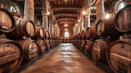 Aged Wine Barrels Stacked in Historic Stone Cellar with Warm Lighting
