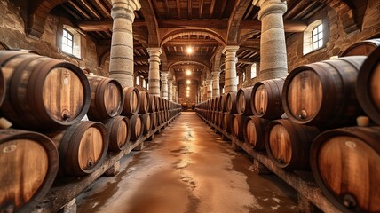 Historic Stone Cellar with Aged Wine Barrels and Majestic Pillars