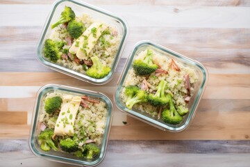 top view of broccoli rice in meal prep containers